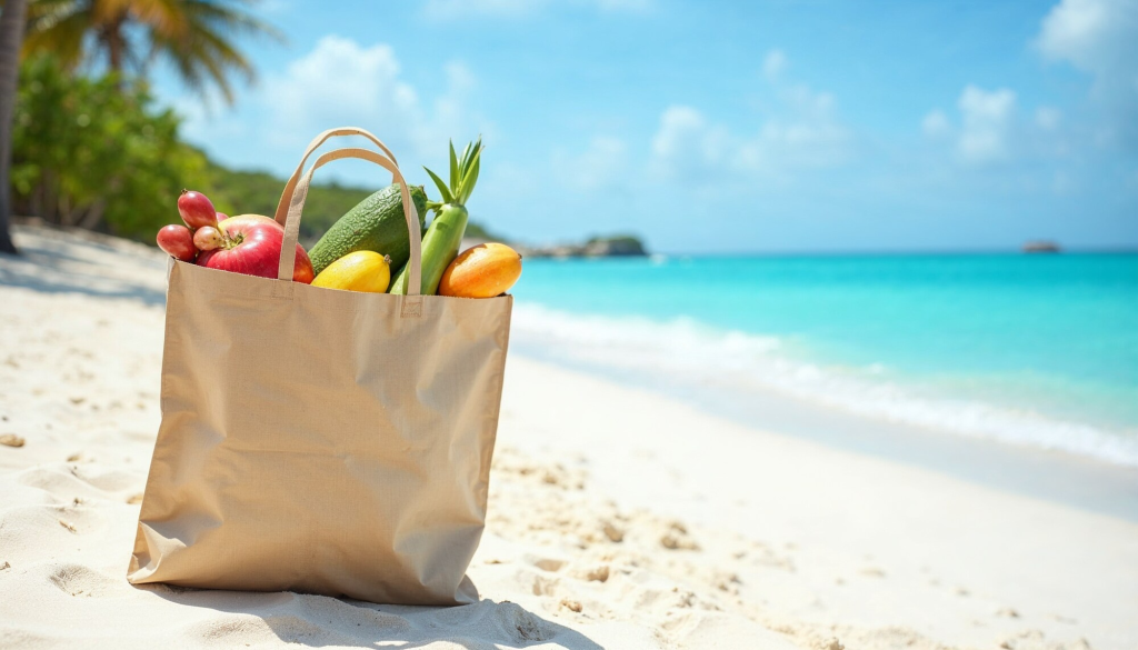 Reusable shopping bag on beach in Aruba