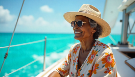 Elderly woman on a sailing boat